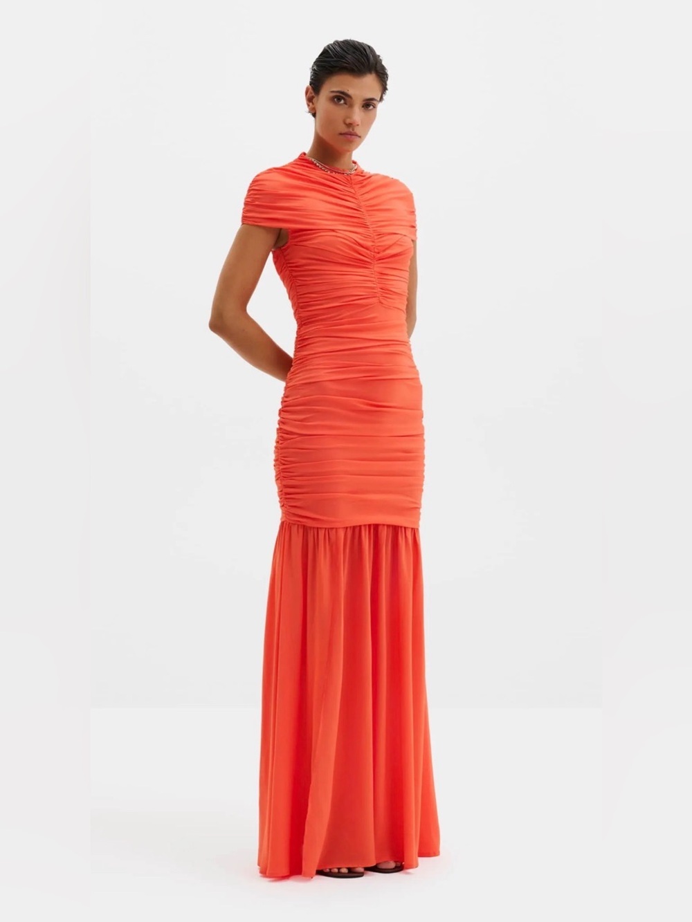 By Malvina Ruched Cap-Sleeve modest MaxiDress in Vibrant Orange size US 6